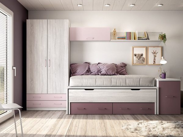 Dormitorio juvenil con cama compacto con cajones y armario de puertas batientes REF.215 399Lid