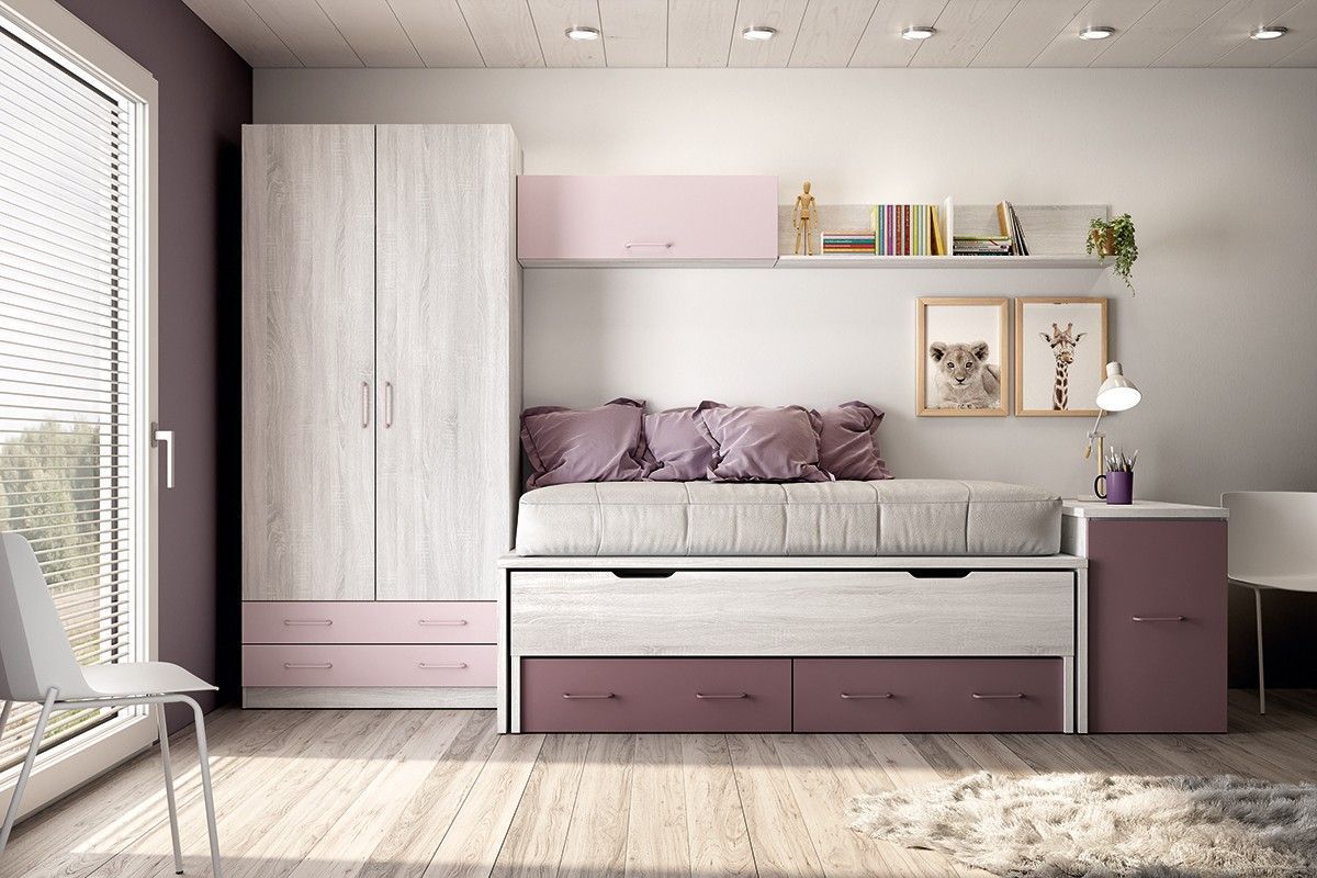 Dormitorio juvenil con cama compacto con cajones y armario de puertas batientes REF.215 399Lid Dormitorio juvenil con cama compacto con cajones y armario de puertas batientes REF.215 399Lid
