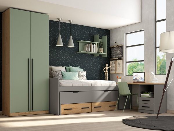 Dormitorio juvenil con cama compacto con cajones y armario de puertas batientes REF.217 399Lid