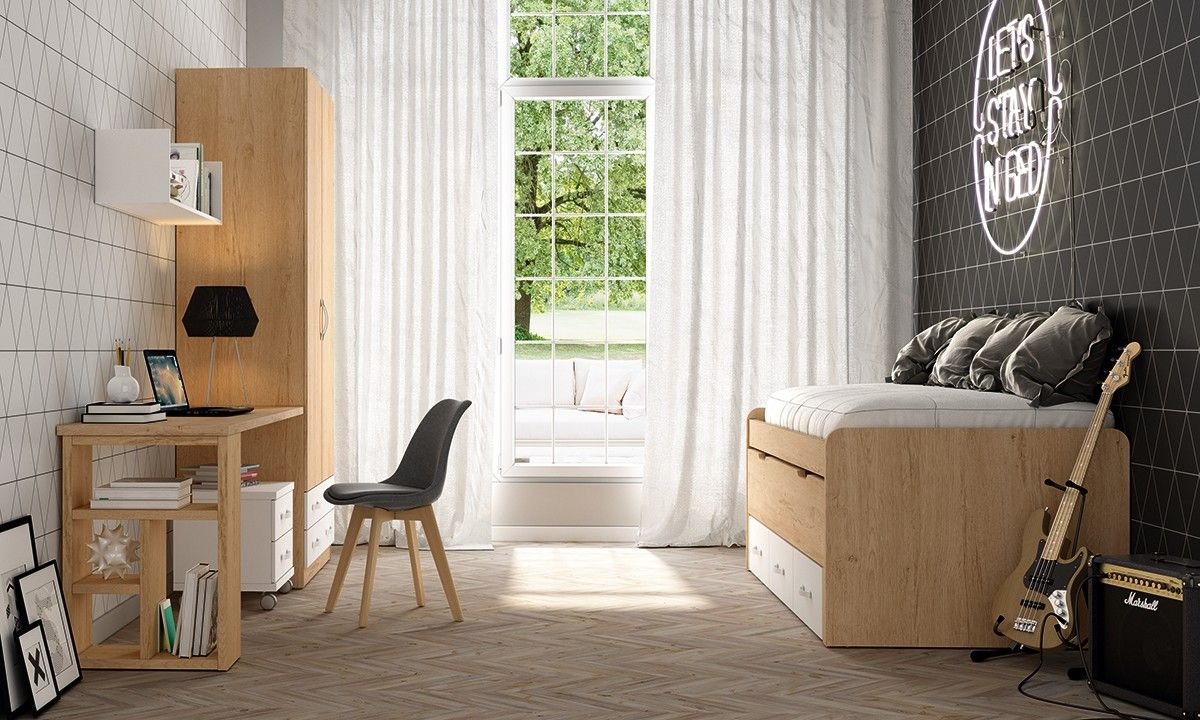 Dormitorio juvenil con cama compacto con cajones y armario de puertas batientes REF.220 399Lid Dormitorio juvenil con cama compacto con cajones y armario de puertas batientes REF.220 399Lid
