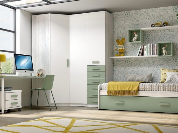 Dormitorio juvenil con cama nido y armario de rincón REF.221 399Lid