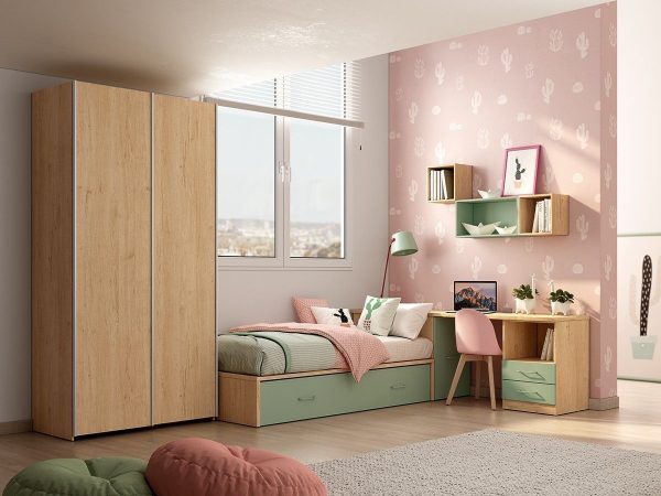 Dormitorio juvenil con cama nido y armario de puertas correderas REF.223 399Lid
