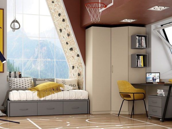 Dormitorio juvenil con cama nido y armario de rincón REF.225 399Lid