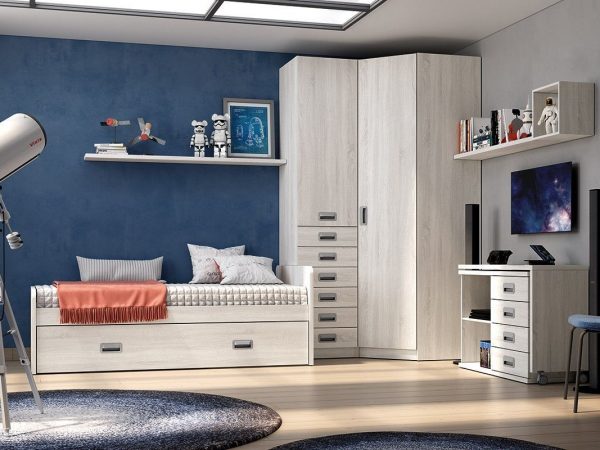 Dormitorio juvenil con cama nido y armario de rincón REF.228 399Lid