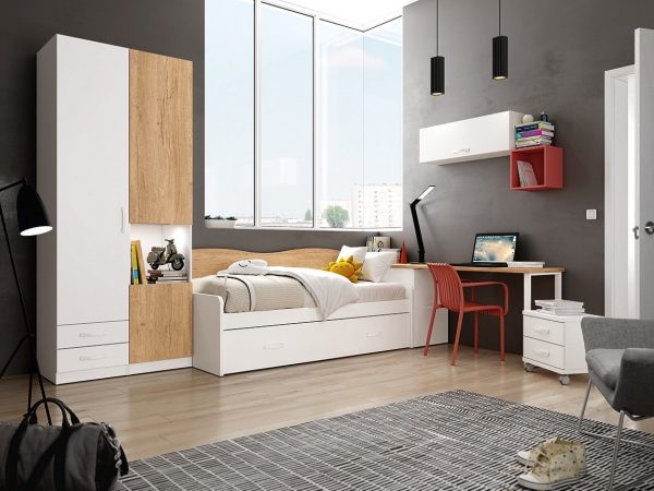 Dormitorio juvenil con cama nido y armario de puertas batientes REF.230 399Lid