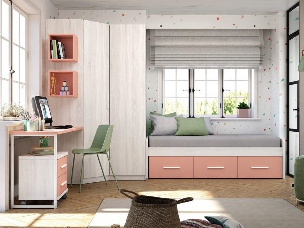 Dormitorio juvenil con cama nido y armario de rincón REF.231 399Lid