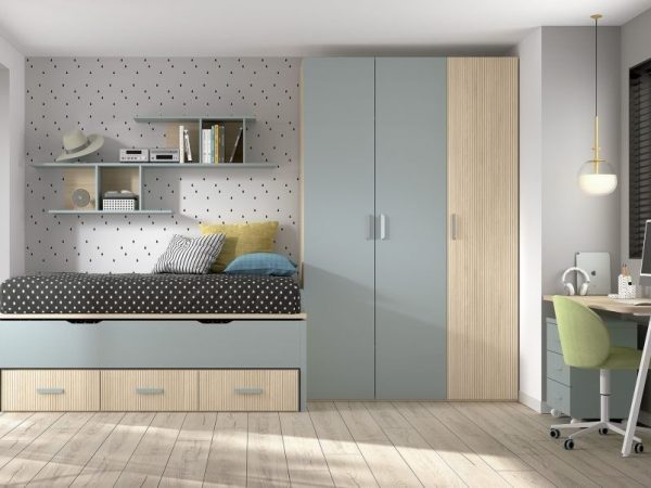 Dormitorio juvenil con cama compacto con cajones y armario batientes REF.001 1010B
