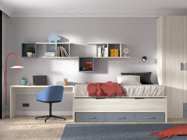 Dormitorio juvenil con cama compacto con cajones y armario batientes REF.003 1010B