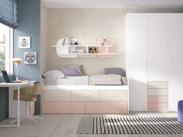 Dormitorio juvenil con cama compacto con cajones y armario batientes REF.004 1010B