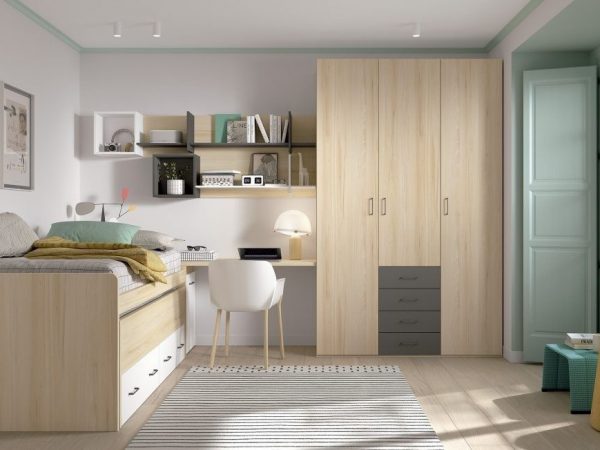 Dormitorio juvenil con cama compacto con cajones y armario batientes REF.009 1010B