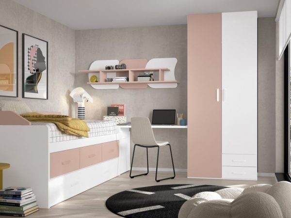 Dormitorio juvenil con cama compacto con cajones y armario batientes REF.010 1010B