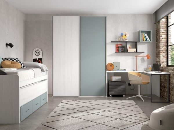 Dormitorio juvenil con cama compacto con cajones y armario de puertas correderas REF.013 1010B
