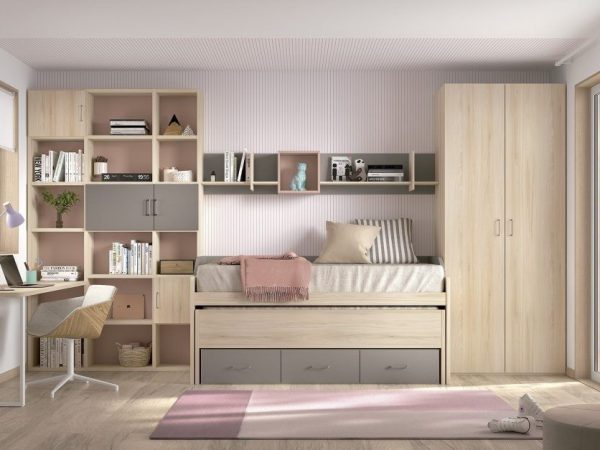 Dormitorio juvenil con cama compacto con cajones y armario batientes REF.015 1010B