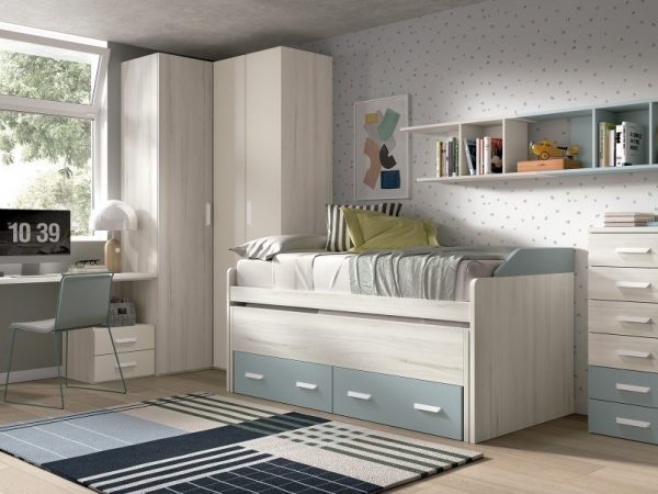 Dormitorio juvenil con cama compacto con cajones y armario de rincón REF.016 1010B