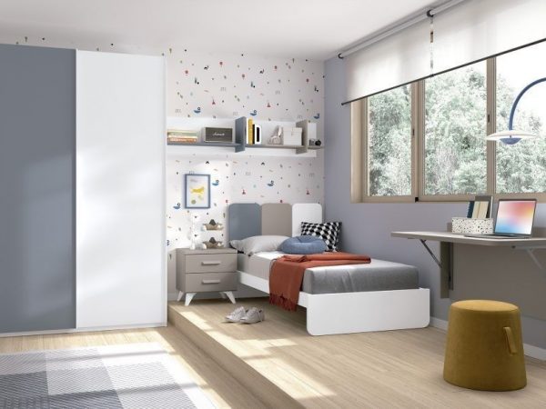 Dormitorio juvenil con cama individual y armario de puertas correderas REF.031 1010B