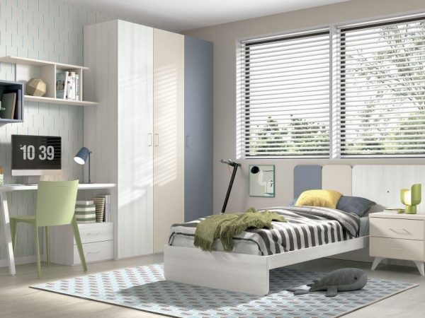 Dormitorio juvenil con cama individual y armario de puertas batientes REF.034 1010B