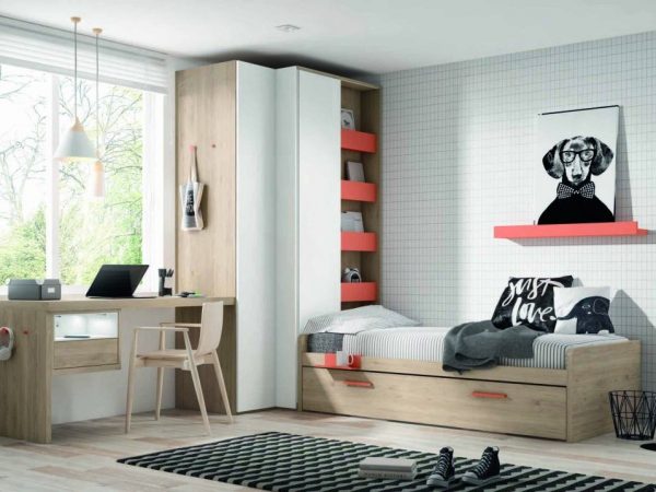Dormitorio juvenil con cama nido y armario de rincón REF.02 2540