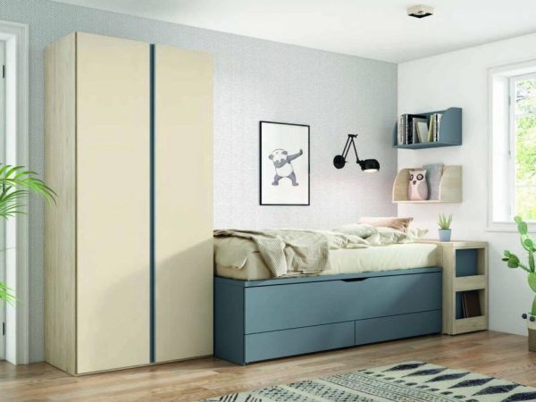 Dormitorio juvenil con cama compacto con cajones y armario de puertas batientes REF.15 2540