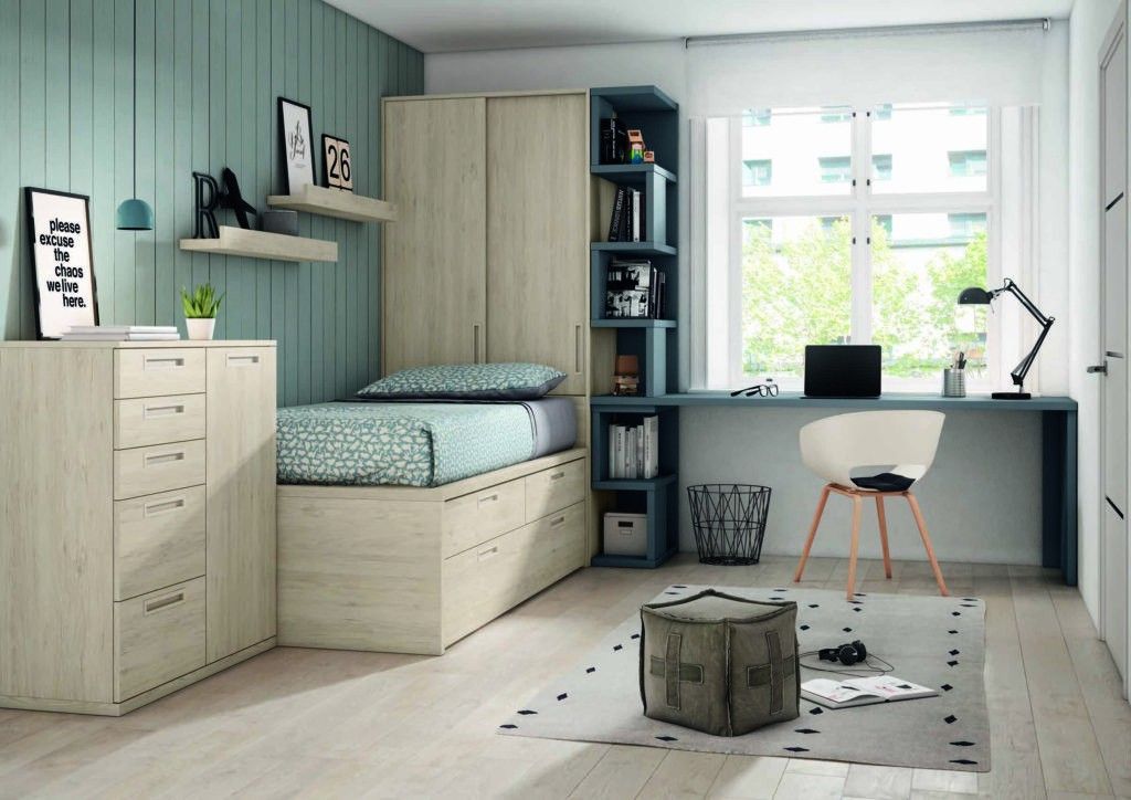 Dormitorio juvenil con cama compacto con cajones y armario de rincón REF.30 2540 Dormitorio juvenil con cama compacto con cajones y armario de rincón REF.30 2540