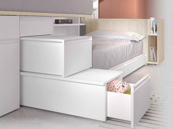 Cama tren juvenil para 2 camas de 90x190 con puente y 2 mesas extraíbles REF.21 1007 Juv