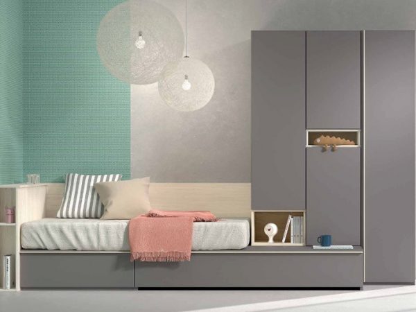Dormitorio juvenil con cama block con cajones, mesa extraíble y con armario REF.25 1007 Juv