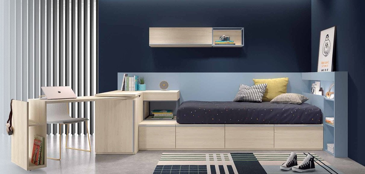Dormitorio juvenil con cama block arcón con mesa movible REF.29 1007 Juv Dormitorio juvenil con cama block arcón con mesa movible REF.29 1007 Juv