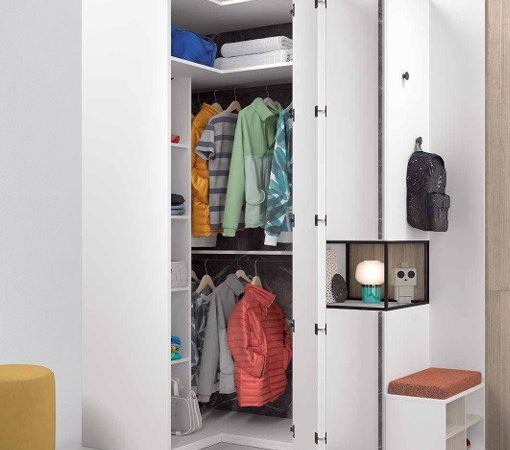 Dormitorio juvenil con cama compacto con cajones de 90x190 y Armario de Rincón REF.47 1007 Juv