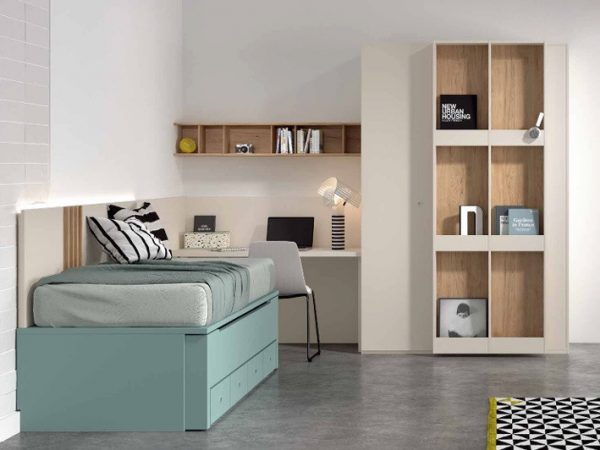 Dormitorio juvenil con cama compacto con cajones de 90x190 y Armario de puertas Batientes y Plegables REF.49 1007 Juv
